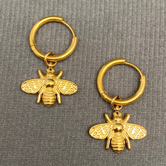 Bee Pendant 18K Gold Plated S.Steel Huggie Earrings - FGS