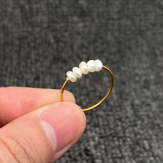 Pearl Beaded 18K Gold Plated Stainless Steel Fine Ring - FGS